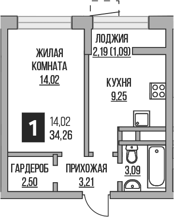 Планировка: 1-комнатная квартира 32,1 м² в ЖК «Гранель Пехра»