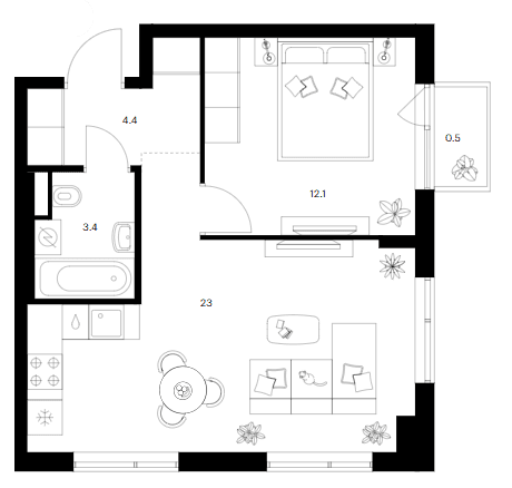 Планировка: 1-комнатная квартира 42,9 м² в ЖК «Бунинская набережная»