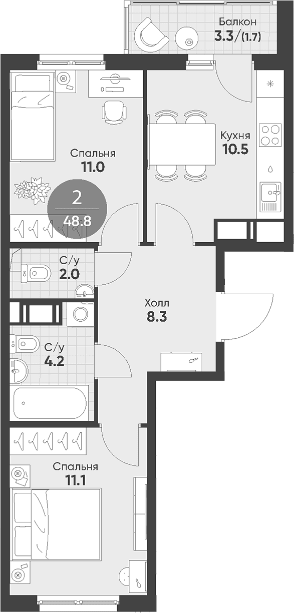 Планировка: 2-комнатная квартира 47,1 м² в ЖК «Клюква.Парк»