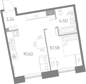 Планировка: Евродвушка 37,9 м² в ЖК «Бульвар Грина»