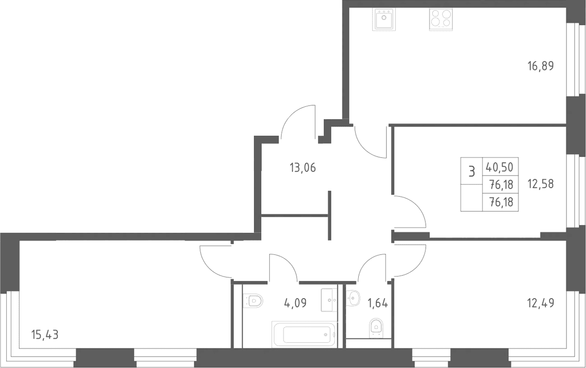 Планировка: 3-комнатная квартира 76,2 м² в ЖК «Квартал Строгино»