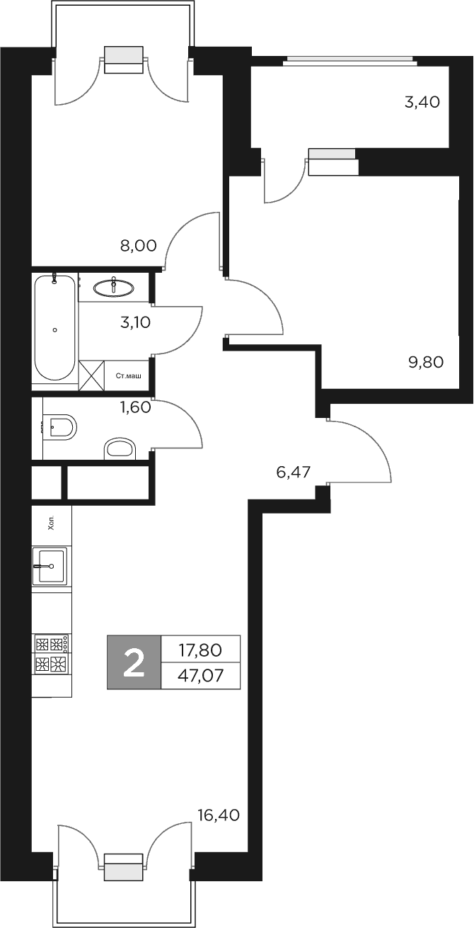Планировка: Евротрёшка 45,4 м² в ЖК «Восток 2»