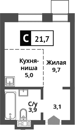 Планировка: Студия 21,7 м² в ЖК «Никольский квартал Отрада»