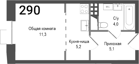 Планировка: Студия 25,6 м² в ЖК «Киноквартал»