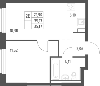 Планировка: Евродвушка 35,2 м² в ЖК «Квартал Ивакино»