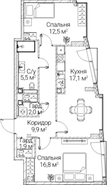 Планировка: 2-комнатная квартира 65,7 м² в ЖК «СЕЗАР БУДУЩЕЕ»