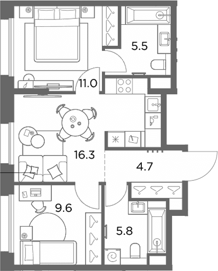 Планировка: 2-комнатная квартира 52,9 м² в ЖК «Станиславский»