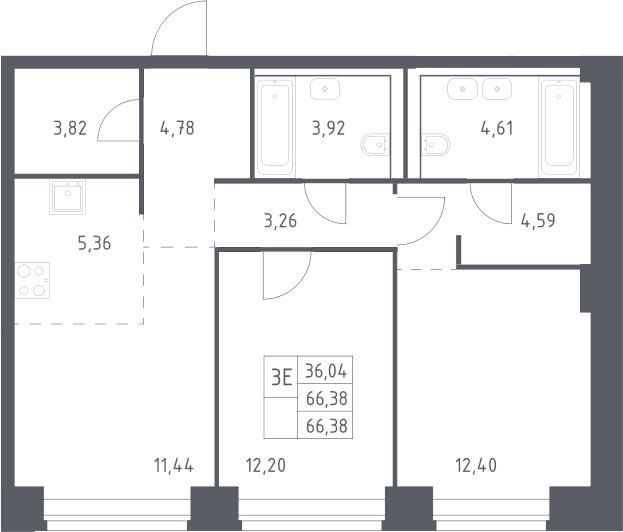 Планировка: Евротрёшка 66,4 м² в ЖК «НОВА»