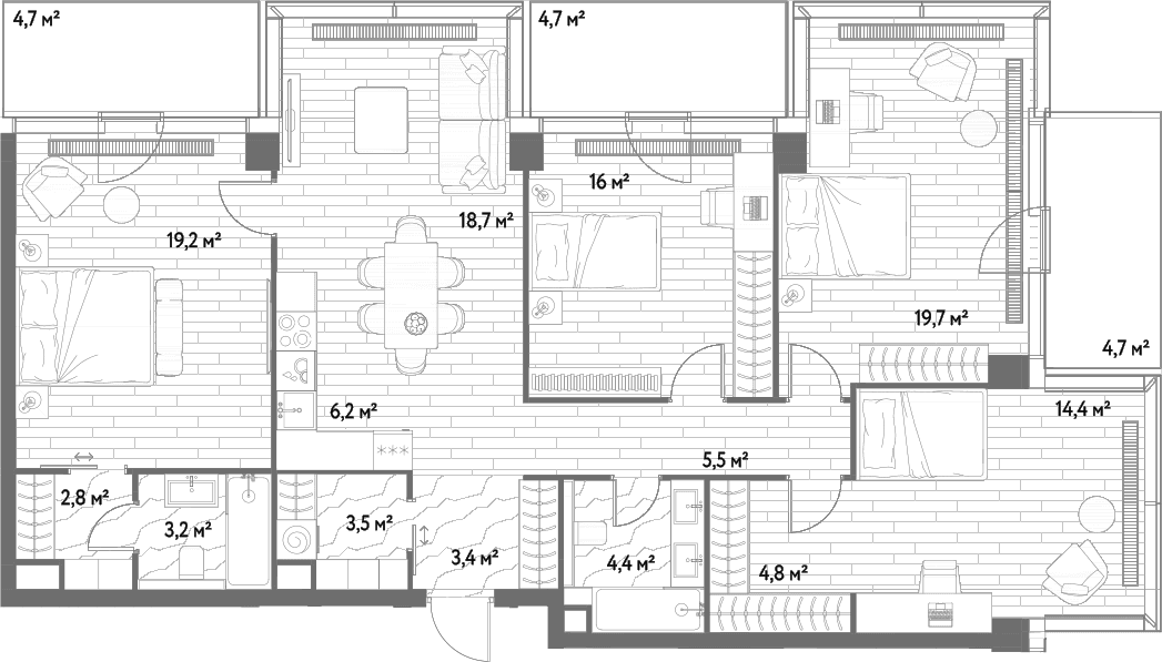 Планировка: Квартира евро-5 121,8 м² в ЖК «С5»