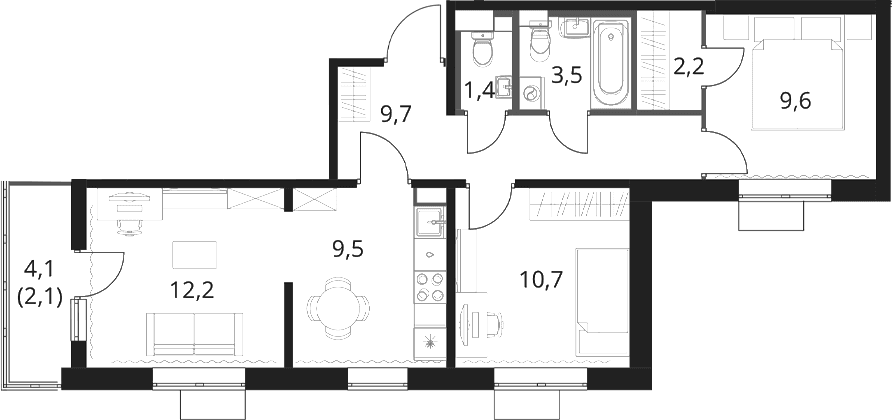 Планировка: Евротрёшка 58,8 м² в ЖК «1-й Шереметьевский»