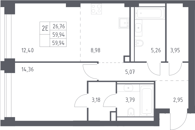 Планировка: Евродвушка 59,9 м² в ЖК «НОВА»