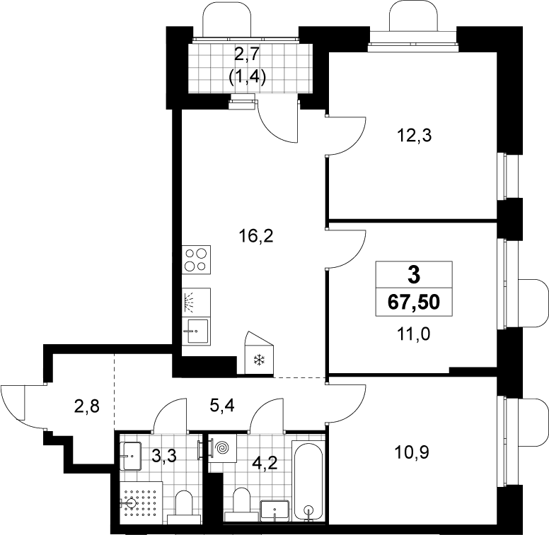 Планировка: Квартира евро-4 66,1 м² в ЖК «Прокшино»