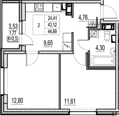 Планировка: 2-комнатная квартира 43,1 м² в ЖК «Город-спутник Южный»