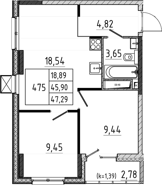 Планировка: Евротрёшка 45,9 м² в ЖК «Поварово-Молодежный-2»