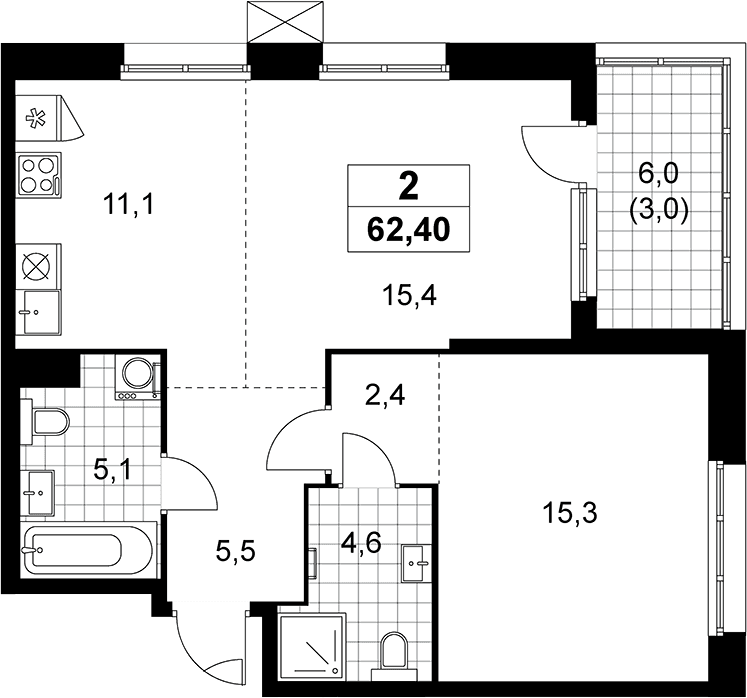 Планировка: Евродвушка 59,4 м² в ЖК «Дзен-кварталы»