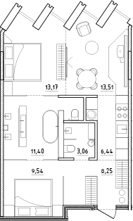 Планировка: Евротрёшка 65,4 м² в ЖК «Zen»