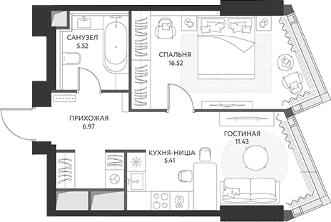 Планировка: Евродвушка 45,9 м² в ЖК «ХАЙДАУТ»