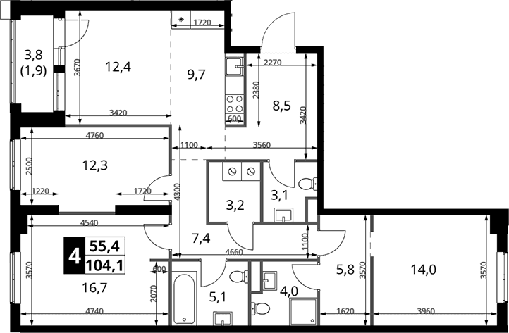 Планировка: Квартира евро-4 103,4 м² в ЖК «1-й Измайловский»