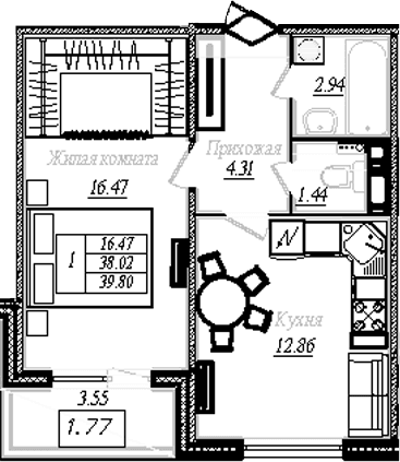 Планировка: 1-комнатная квартира 38 м² в ЖК «АРО»