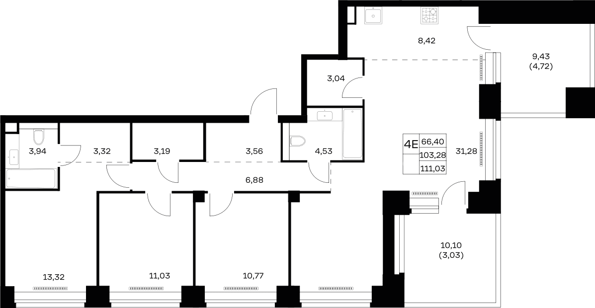 Планировка: Квартира евро-4 103,3 м² в ЖК «НОВА»