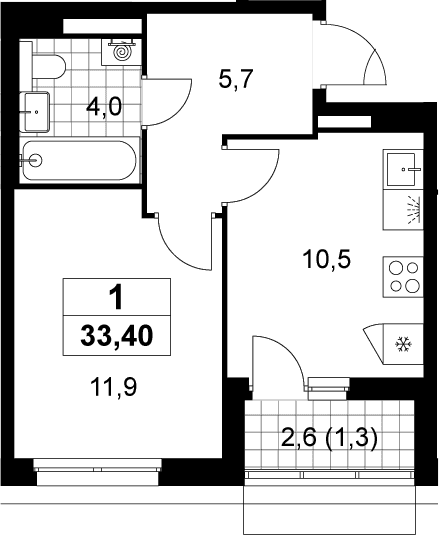 Планировка: 1-комнатная квартира 32,1 м² в ЖК «Деснаречье»