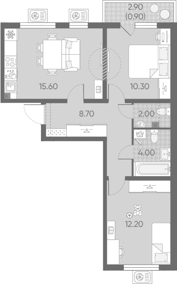 Планировка: Евротрёшка 52,8 м² в ЖК «Ручьи 2»
