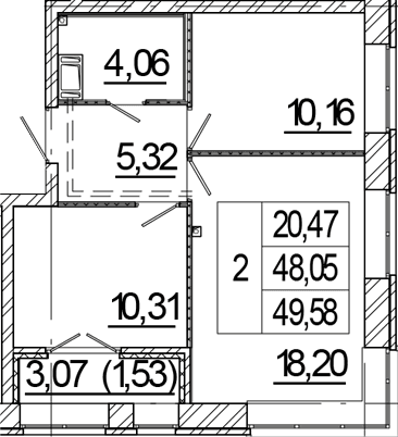 Планировка: Евротрёшка 48,1 м² в ЖК «Новый Питер»