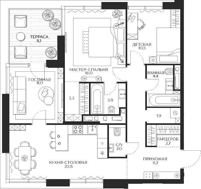 Планировка: Квартира евро-4 94,8 м² в ЖК «Кутузов Сити»