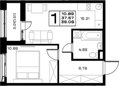 Планировка: Евродвушка 37,6 м² в ЖК «Борский»
