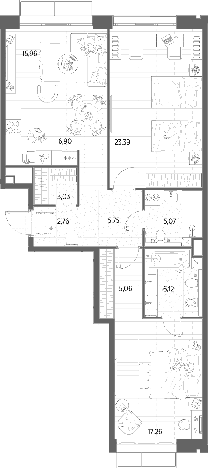 Планировка: Евротрёшка 91,3 м² в ЖК «МЫС»