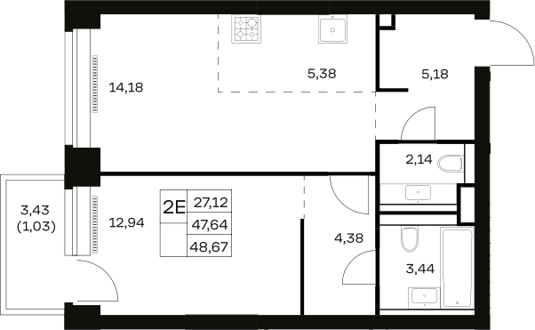 Планировка: Евродвушка 47,6 м² в ЖК «НОВА»
