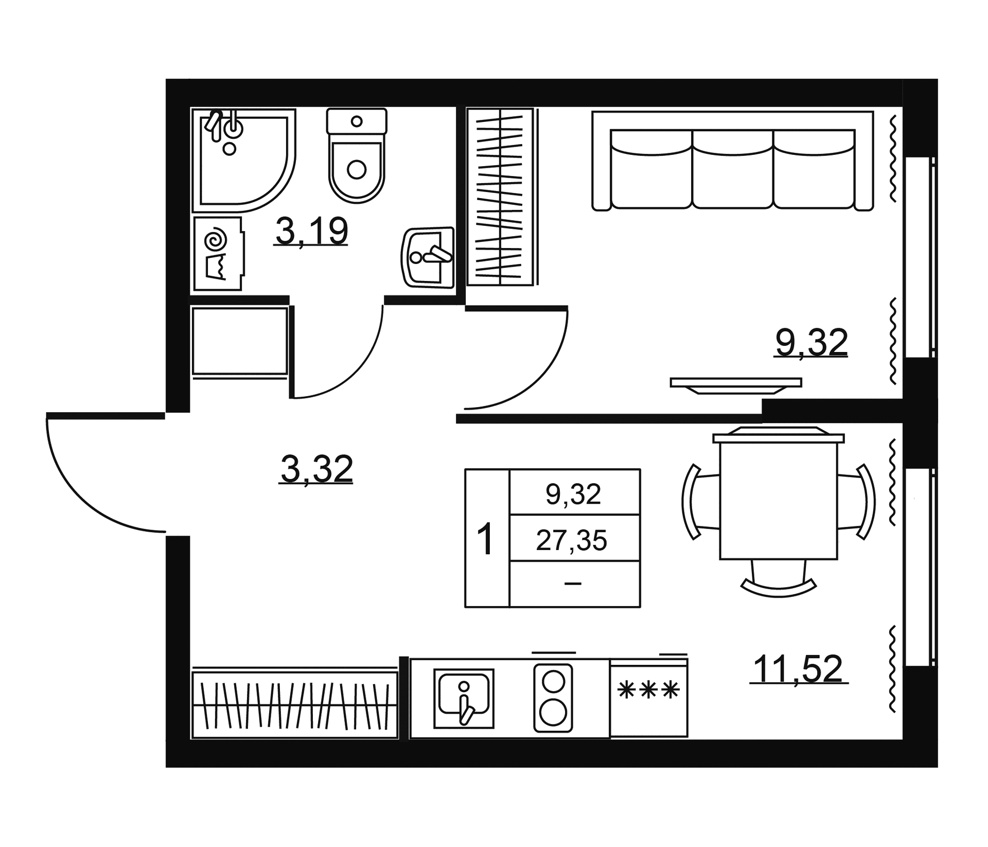 Планировка: 1-комнатная квартира 27,4 м² в ЖК «Пулковское, 34»