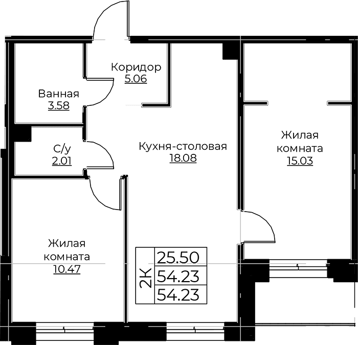 Планировка: Евротрёшка 54,2 м² в ЖК «Тишин»
