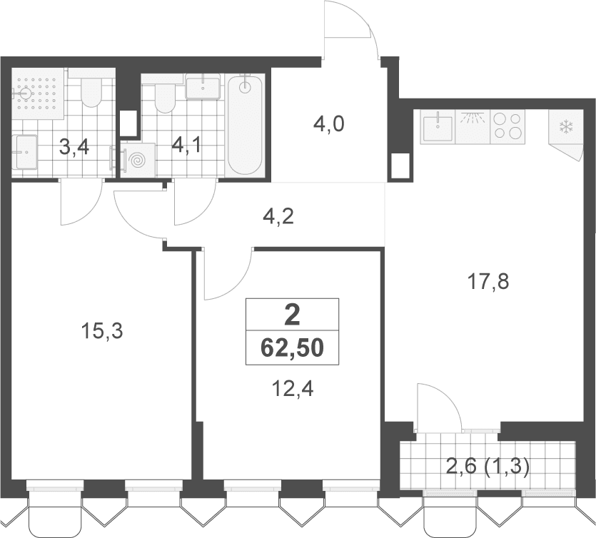 Планировка: Евротрёшка 61,2 м² в ЖК «Деснаречье»