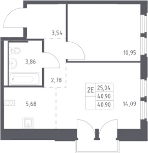 Планировка: Евродвушка 40,9 м² в ЖК «Космический Квартал»