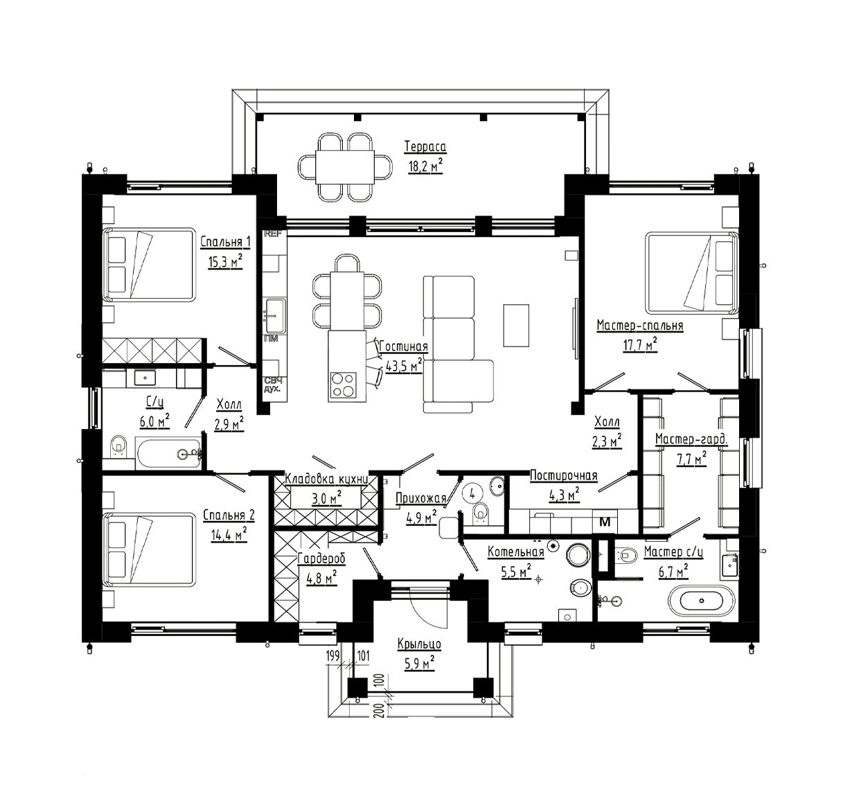Планировка: Коттедж 146,8 м² в ЖК «Коттеджный поселок Юрьево берег»