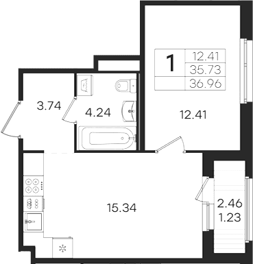 Планировка: Евродвушка 35,7 м² в ЖК «Романовка»