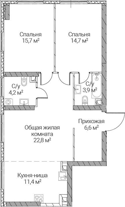 Планировка: Евротрёшка 79,3 м² в ЖК «СЕЗАР СИЛИКА»