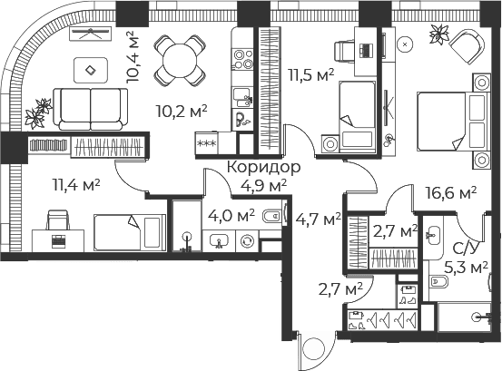 Планировка: Квартира евро-4 84,2 м² в ЖК «Веер»