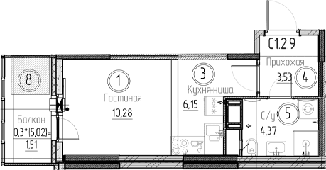 Планировка: Студия 24,3 м² в ЖК «Аквилон Верба»