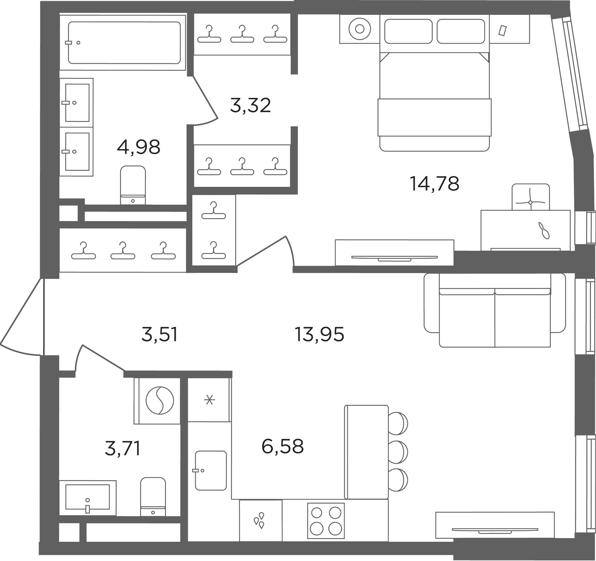 Планировка: Евродвушка 50,8 м² в ЖК «Сикрет Гарден»