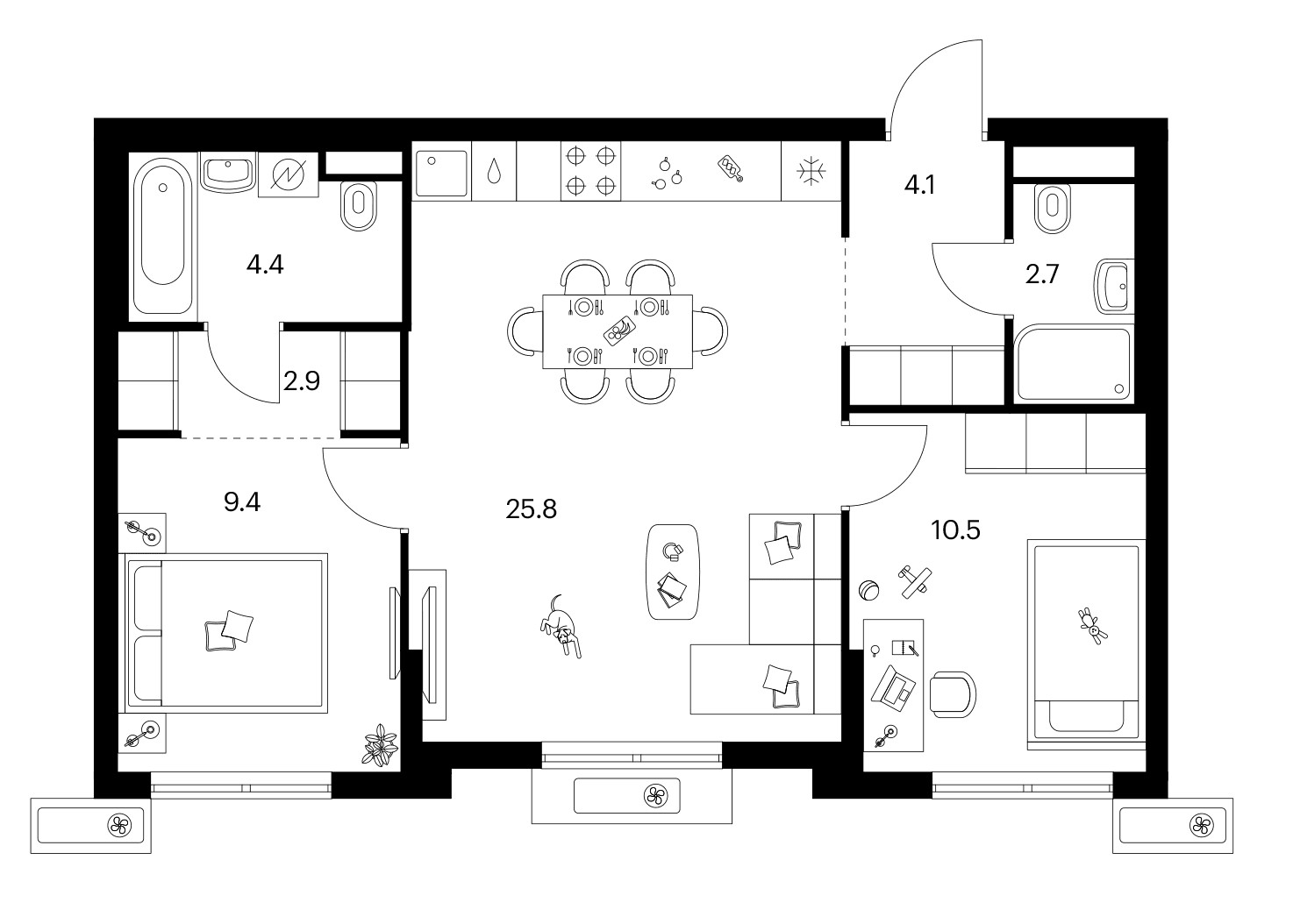 Планировка: 2-комнатная квартира 59,8 м² в ЖК «Ярославский»