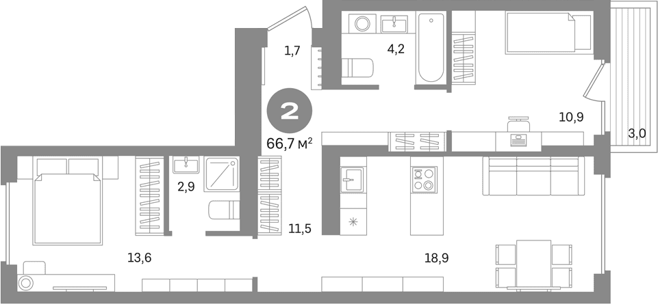 Планировка: 2-комнатная квартира 63,7 м² в ЖК «Первый квартал. Вторая очередь»