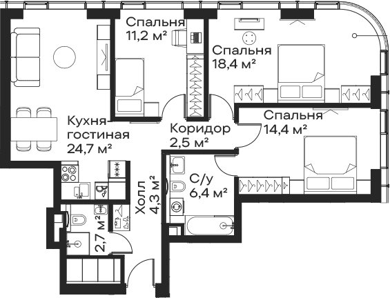 Планировка: Квартира евро-4 84,6 м² в ЖК «Сити Бэй»