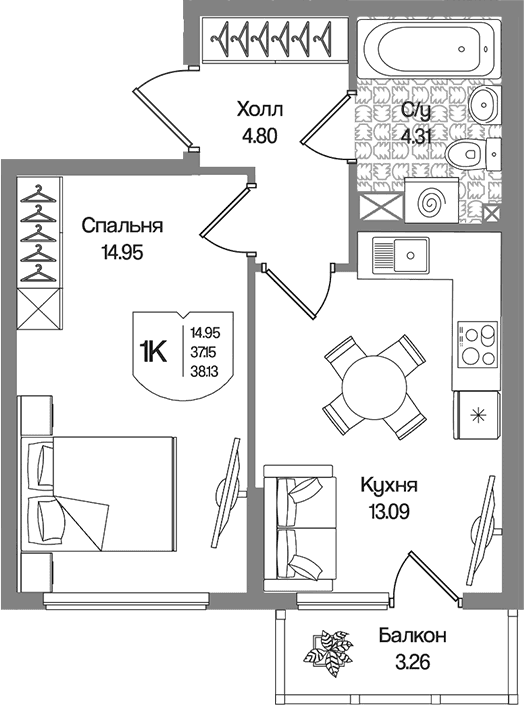 Планировка: 1-комнатная квартира 37,2 м² в ЖК «Охтинские высоты»