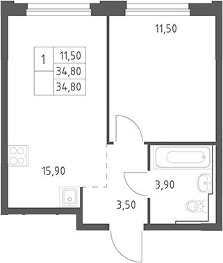 Планировка: Евродвушка 34,8 м² в ЖК «Химки Парк»