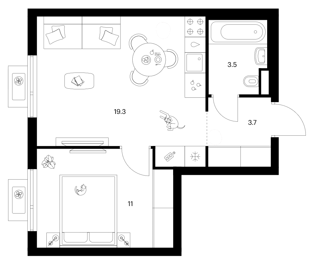 Планировка: 1-комнатная квартира 37,5 м² в ЖК «Белая Дача парк»
