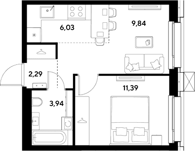 Планировка: Евродвушка 33,5 м² в ЖК «ЭВО»