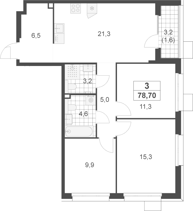 Планировка: Квартира евро-4 77,1 м² в ЖК «Скандинавия»