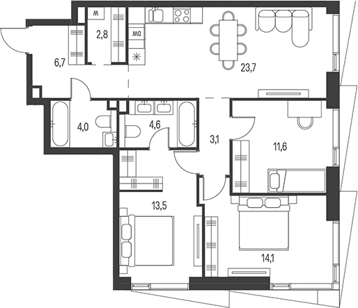 Планировка: Квартира евро-4 84,1 м² в ЖК «Моментс»